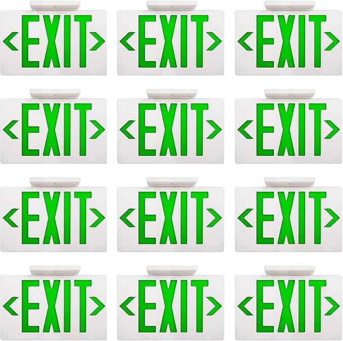 AKT LIGHTING Green LED Exit Sign Emergency Light with Battery Backup, Double Face Hardwired Green Letter Emergency Exit Lighting For Business, Restaurant, Commercial, Supermarket, UL-Listed, 120-277V,Pack of 12