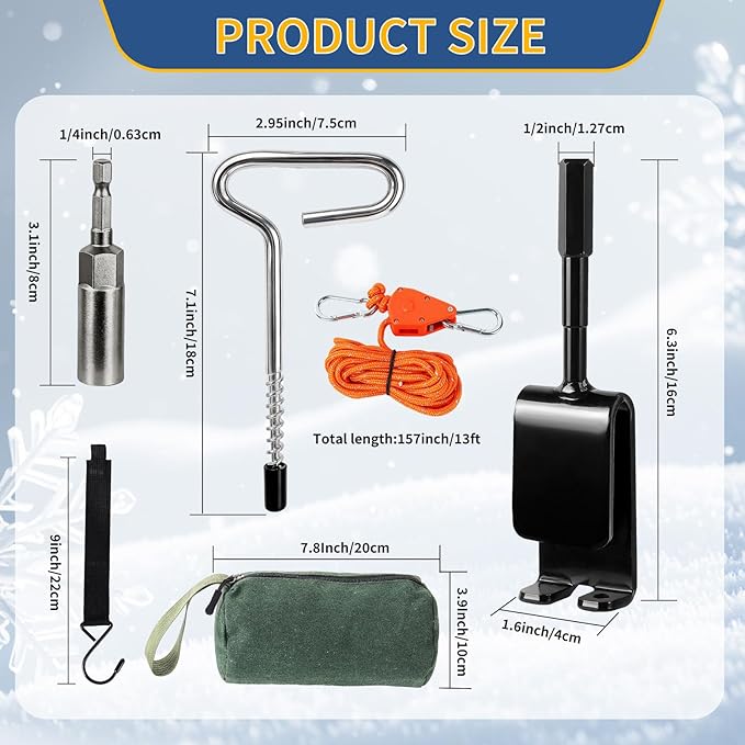 Heavy Duty Ice Anchor Drill Adapter Tool Kit, 19Pcs Stainless Steel Tent Stakes Set with 13FT Ratchet Ropes, Tent Hooks, Canvas Bag for Ice Fishing Shelter Setup (8Pcs Tent Stakes+6Pcs Rope Roller)