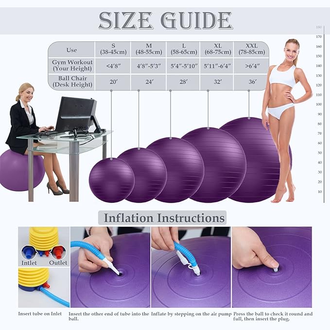 Soft Exercise ball, Anti-Burst Yoga Ball Chair Supports 2200lbs, Workout Equipment w/ Pump for Pregnancy Medicine Birthing Physical Therapy Stability Excersing Birth Swiss Fitness Gym Physio Labor Abs