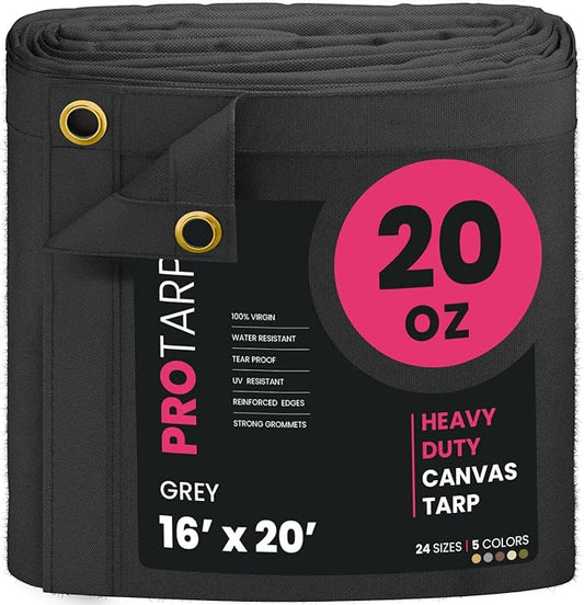PROTARP Extreme Heavy Duty 20 OZ Water Resistant Canvas Tarp, UV Resistant Tarpaulin Cover with Rustproof Brass Grommets, Multipurpose for Canopy, Roof, Camping, Woodpile (Grey 16'X20')