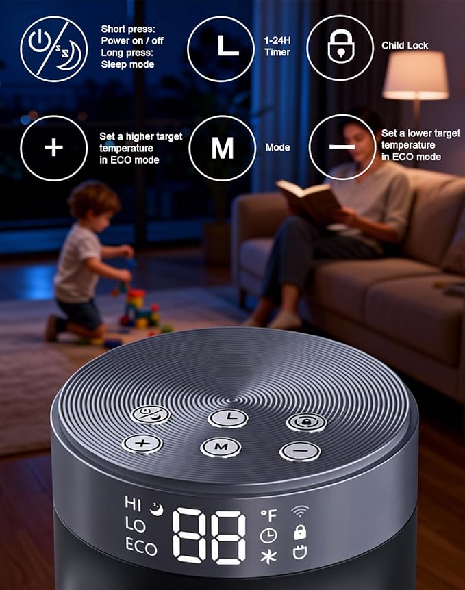 1500W PTC Space Heater with Remote Control, Portable Electric Heaters for Indoor Use, Ceramic Heater for Office, 75°Oscillation, 24H Timer, 5 Modes, Safe Quiet Room Heater for Bedroom