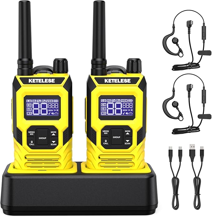 KETELESE T4 FRS Walkie Talkies Earpiece with Mic, IP67 Waterproof Two Way Radio, Walkie Talkie Long Range, 22 Channel, NOAA Weather Alert, PTT, VOX, USB C, Charge Base