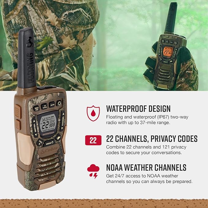 Cobra ACXT1035R FLT TTC Floating and Waterproof Walkie Talkies for Adults with Compatible Cobra Surveillance Headset: Rechargeable, 22 Channels, Long-Range, 2 Two-Way Radios, 2 Headsets