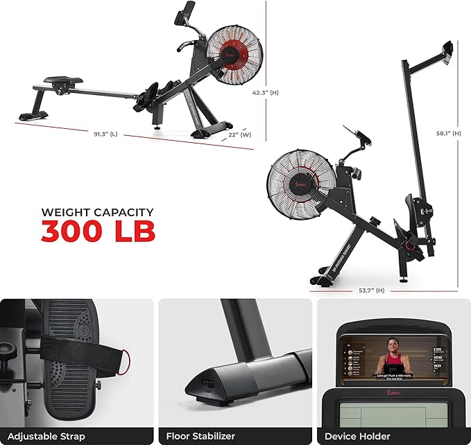Sunny Health & Fitness Premium Smart Air & Magnetic Resistance Rowing Machine, Foldable Long Silding Rail Exercise Rower for Home Training, Optional Free SunnyFit App Connection