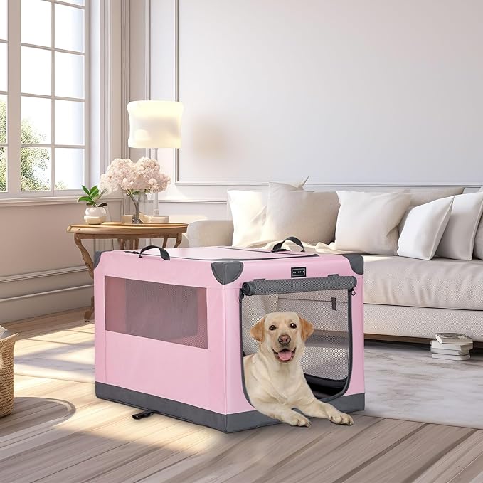 PETSFIT Collapsible Dog Crate, with Patented Adjustable Fabric Cover, Chewproof & Lockable Mesh Doors, Waterproof Base Portable Kennel Pink 36 Inch