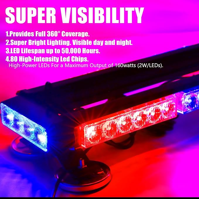 WINECO 38.5" Red Blue Roof Top LED Strobe Light Bar -Double Side 80 LED Emergency Hazard Warning Flashing Beacon Lighting Bar with Magnetic Base for Snow Plow, Trucks, Police,Construction Vehicles