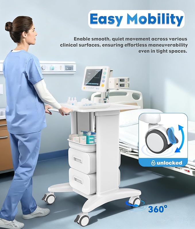 Medical Trolley Cart with Drawers, Hospital Mobile Ultrasound Cart with Trays&4 Silent Swivel Wheels,220 LBS Load Portable Storage Drawer for Hospital, Dental Clinic,Beauty Salon (White/Double drawer)