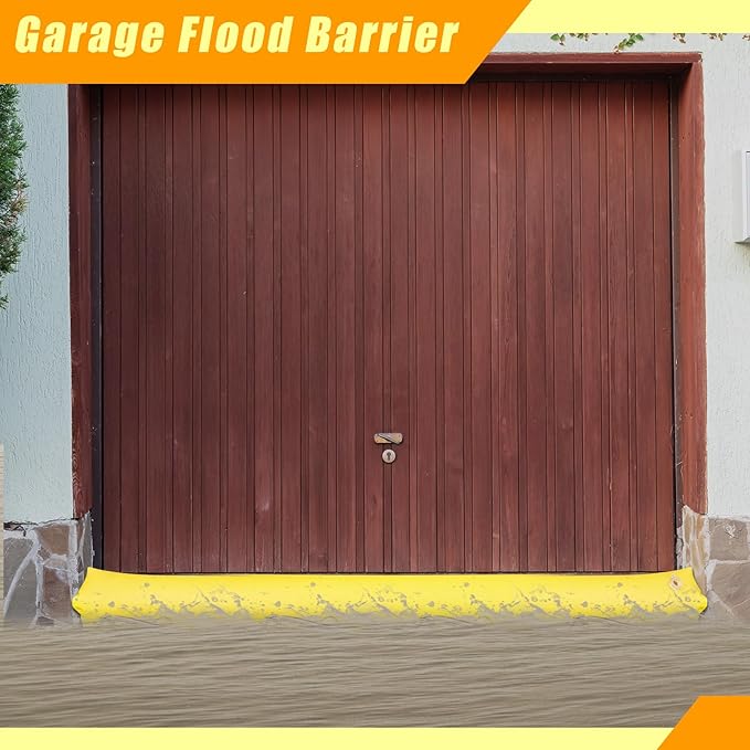 Amylove 4 Pcs PVC Inflatable Flood Barriers for Home Reusable Garage Water Prevention Barriers Flood for Rain Snow Melted Garage Door Basement Home(12 ft x 8 in x 4 in,Yellow)