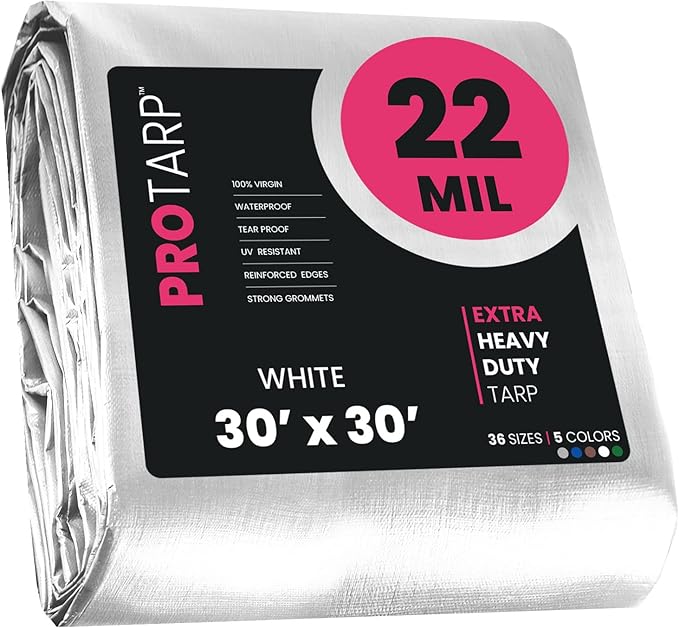 PROTARP Extreme Heavy Duty 22 Mil Tarp Cover, Waterproof, UV Resistant, Rip and Tear Proof, Poly Tarpaulin with Reinforced Edges for Roof, Camping, Patio, Pool, Boat. (White 30′ X 30′)