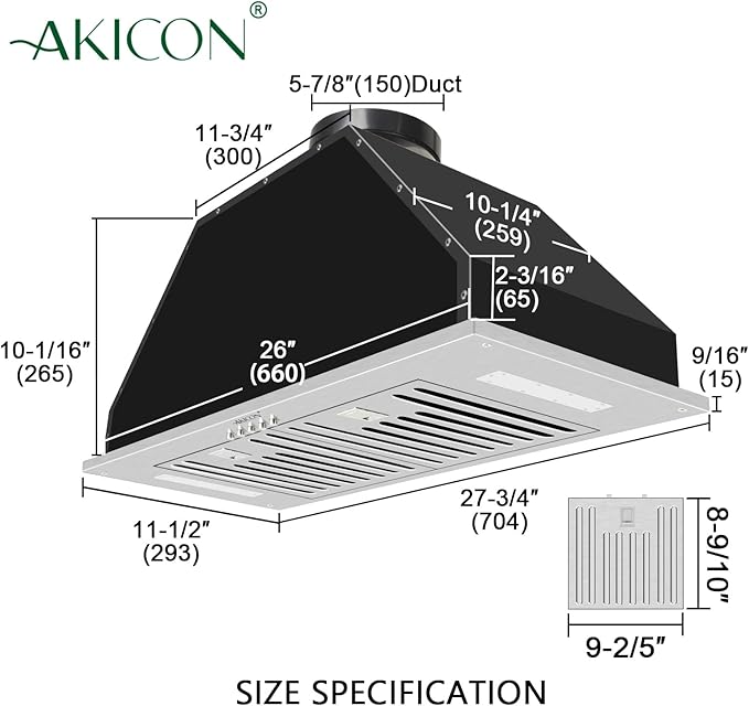 Akicon Range Hood Insert/Built-in 30 inch, Ultra Quiet Powerful Vent Hood with LED Lights, 3 Speeds 600 CFM, Stainless Steel