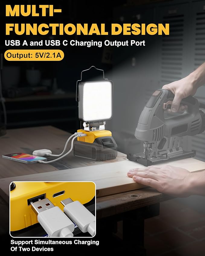 LIVOWALNY Cordless LED Work Light Compatible with Dewalt 20v Battery, 70W 7000LM Flashlight Portable LED Flood Battery Light with USB A & USB C Charging Output Port for Emergency Outdoors and Job Site
