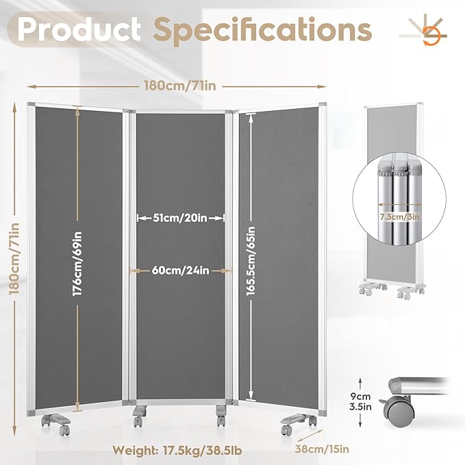 Flodable Wall Partition Sliding Office Dividers Workstation Privacy Panels Freestanding Rolling Screen,Grey Fabric,71" H x 24" W,Locking Wheel