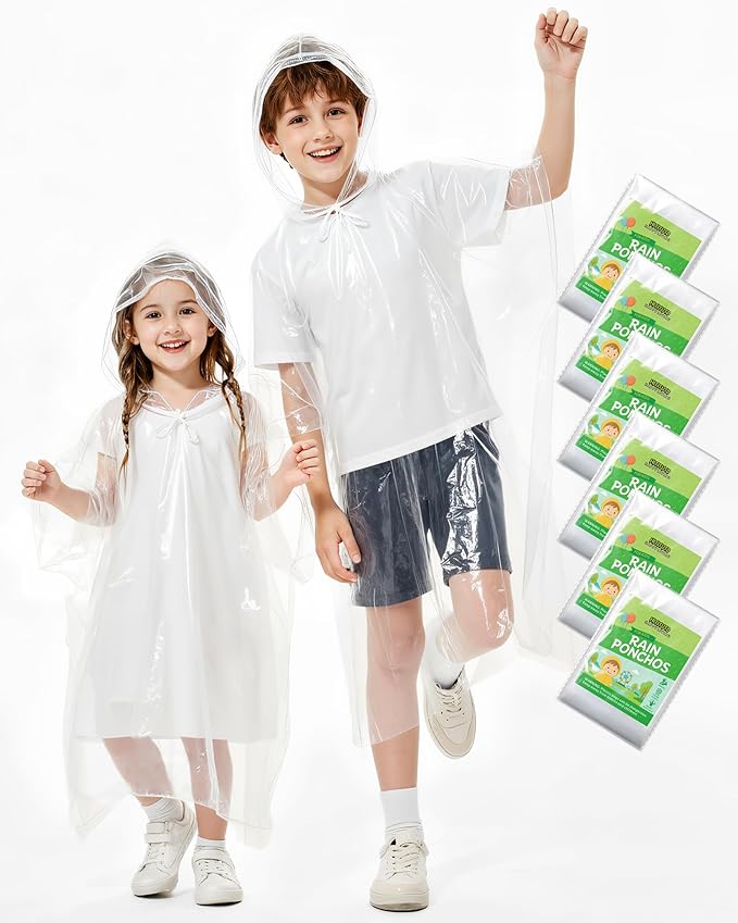 Hitituto Rain Ponchos Family Pack Kids– 6/12/24 Pack Disposable Poncho with Hood, Clear & Assorted Colors, Home Survival Kits