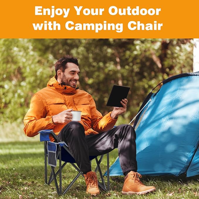 Folding Camping Chair Portable Outdoor Heavy Duty Padded Chairs Lawn Chair with Cup Holder, Storage Pocket and Cooler Bag, Supports 450LBS Blue