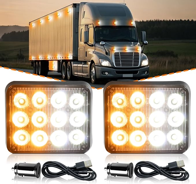 2PCS Magnetic Emergency Strobe Lights Rechargeable Amber White Hazard Warning Lights Magnetic Beacon Strobe Lights for Trucks Trailer Vehicle Car ATV Tow Bus