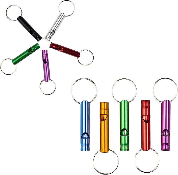 A Set of 5 Extra Loud Whistles for Camping Hiking Hunting Outdoors Sports and Emergency Situations, Sturdy but Light Aluminium Key Chain Signals