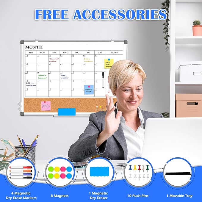 Monthly Calendar Whiteboard Dry Erase Cork Board Combo for Wall, 30" x 20" Magnetic Double-Sided Calendar White Board and Bulletin Board, Portable Board for Office, Kitchen, School, Home, Dorm