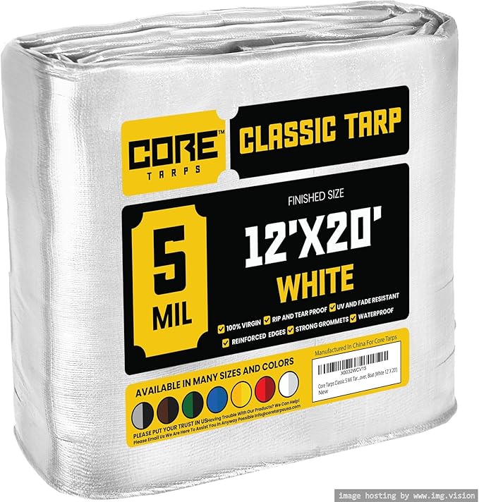Core Tarps Classic 5 Mil Tarp Cover, Waterproof, UV Resistant, Rip and Tear Proof, Poly Tarpaulin with Reinforced Edges for Roof, Camping, Patio, Pool Cover, Boat (White 12′ X 20′)