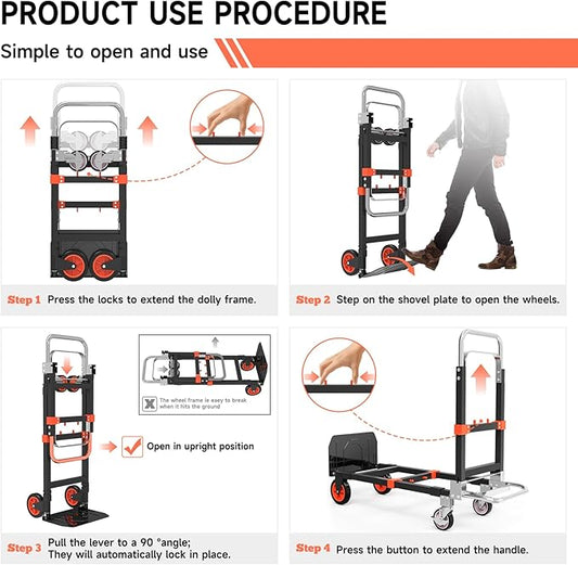 3-in-1 Heavy Duty Folding Hand Truck, 500LB Capacity Convertible Steel Dolly Cart with 360° Swivel Wheels & Telescopic Handle, Foldable Utility Wagon for Moving, Warehouse and Shopping