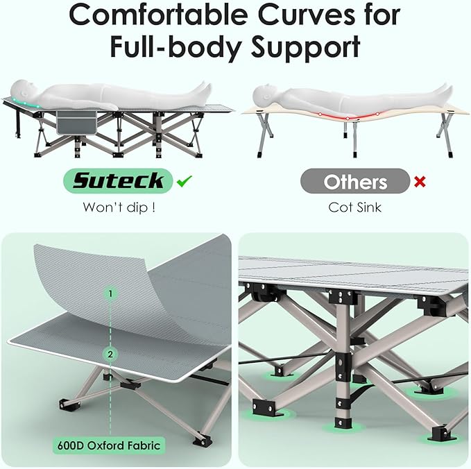 Suteck Camping Cot, Folding Camping Cot Bed for Adults Sleeping 1200D Double Layer Oxford Portable Folding Outdoor Cots for Camping W/Soft Pad Carry Bag for Home Office Nap Beach Travel