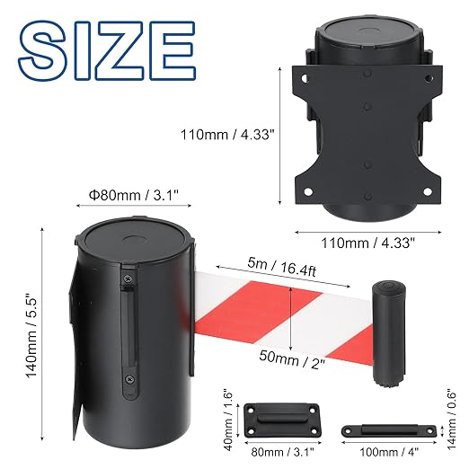 PATIKIL Fixed Wall Mount Retractable Belt Barrier, 2 Pcs 16.4 Feet Fixed Retractable Belt Barrier with Steel Case for Crowd Control Grocery Retail Store Stadium, Black/Red/White