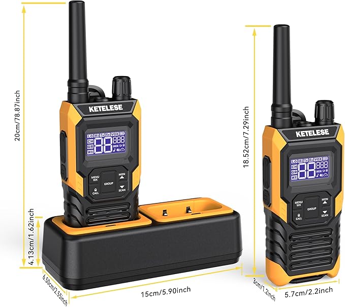 KETELESE T4 Heavy Duty Walkie Talkies, IP67 Waterproof FRS 2 Way Radio Long Range, USB-C Rechargable, with Earpiece, VOX, NOAA, Weather Alert, Dual PTT, One-Key Group Call, Dock, 2 Pack