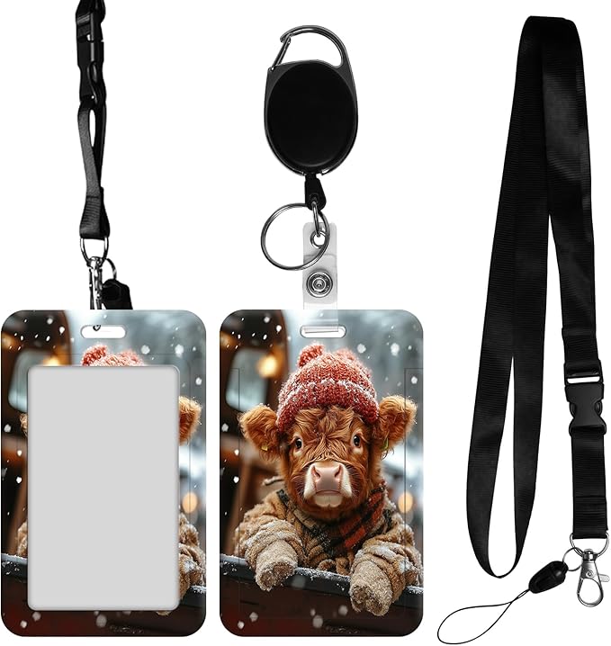 ID Badge Holder with Retractable Lanyard for Women & Men,Vertical ID Card Holder Wallet,Clear Window&Card Slot,Detachable Neck Strap for Nurse Teacher Office,Snowy Highland Cow