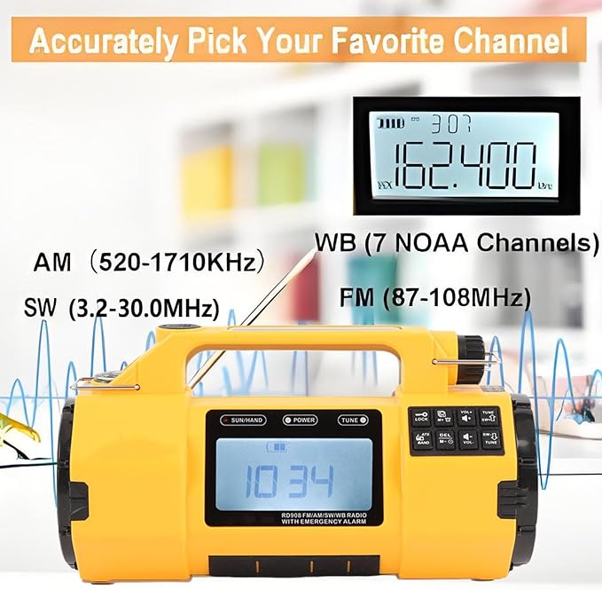 PUSOKEI Emergency Radio, NOAA Weather Radio with Hand Crank Solar Power, AM/FM/SW/WB, 5000mAh Battery & Flashlight, Essential for Home Survival Kit