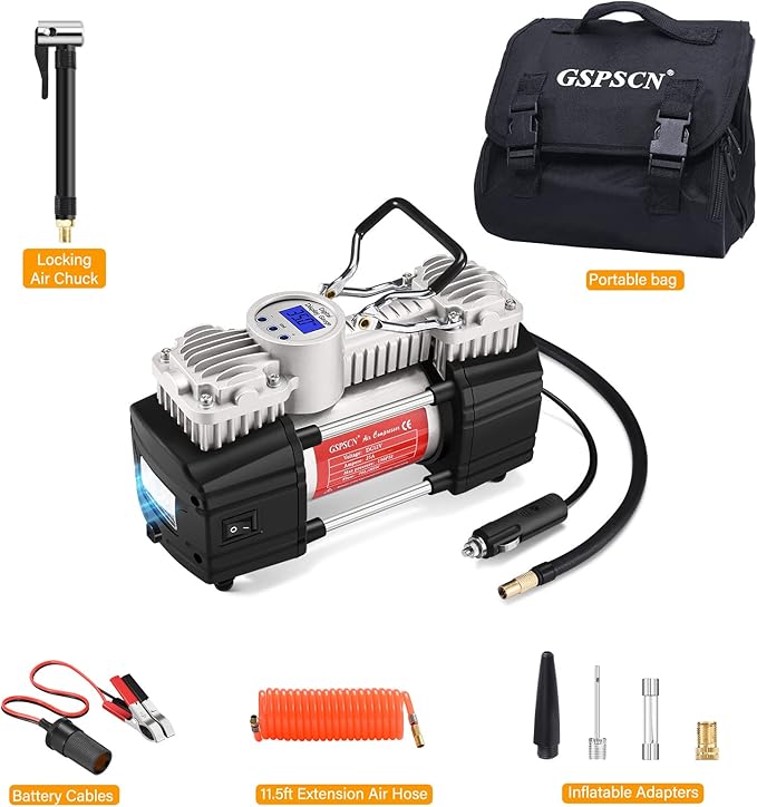 GSPSCN 6X Faster Inflation Portable 12V Air Compressor Pump Digital Display Tire Inflator with LED Flashlight, Heavy Duty Dual Cylinder Tire Pump 150 PSI for Auto,SUV,Off-Road,Truck,RV,Bike etc