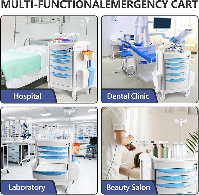 Kalolary Adjustable Rolling Medical Storage Crash Cart with 5 Drawers & 4 Silent Wheels, Mobile Medical Cartwith 2 Trash Cans for Clinic, Hospital, Salon