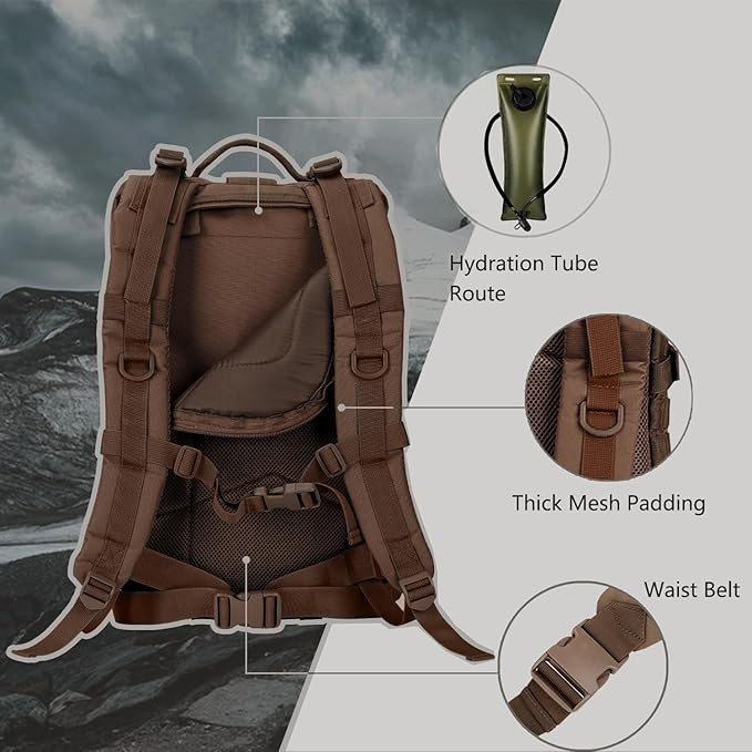 MOLLE Assault Backpack, Tactical Backpack Military Army Camping Rucksack, 3-Day Pack Trip w/USA Flag Patch, D-Rings, Dark Brown