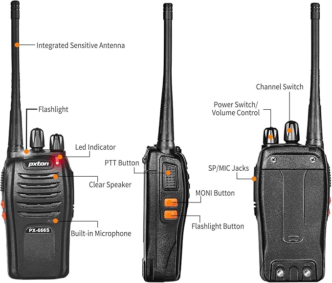 pxton 666S 10 Pack walkie talkies for Adults Long Range Rechargeable with Headphones and Li-ion Battery,Two Way Radio has VOX/Noise Reduction/TOT/Flashlight/Monitoring/Scan Function（10 Pack）