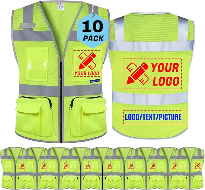 BeautyWill 10 Pack Custom Logo Safety Vest ANSI Class 2 High Visibility Reflective Vest Personalized Construction Vest Bulk