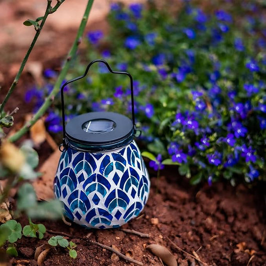 Afirst Mosaic Solar Lanterns - Glass Hanging Lights Hollow Out Waterproof Outdoor Decorative for Garden, Patio, Holiday Party Outdoor Decoration, 1 Pack