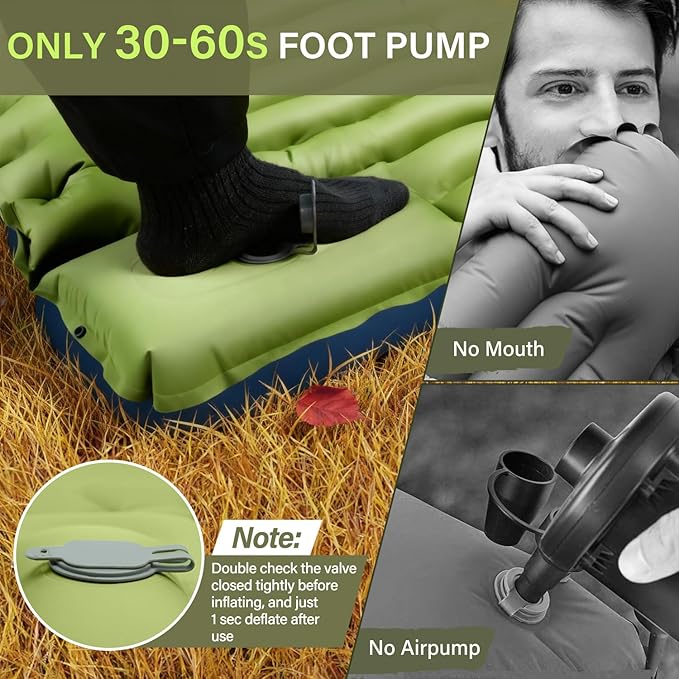 Camping Sleeping Pad, Ultralight Camping Mat with Pillow, Built-in Foot Pump Inflatable Sleeping Pads Compact for Camping Backpacking Hiking Traveling Tent,Single,Green