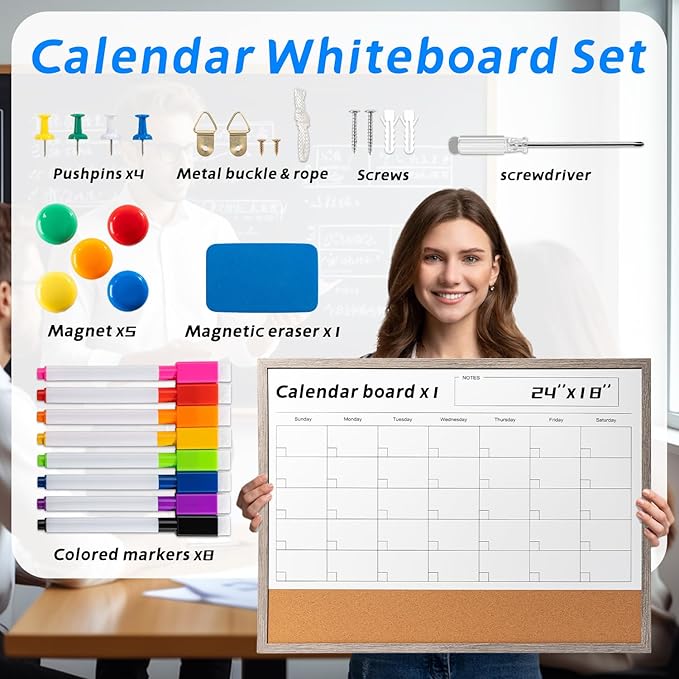 Dry Erase Calendar Whiteboard, 24" x 18" Magnetic Whiteboard Cork Board Combo, Reusable Monthly Planner with 8 Markers, Eraser, Magnets and Pushpins, Hanging Dry Erase Board for Home, School - Gray