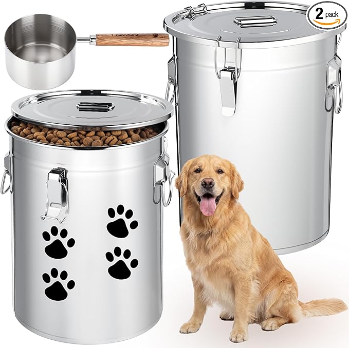 Lounsweer 2 Pack 7 Gal Stainless Steel Dog Food Storage Container with Lid and Locking Clamp 28 L Metal Airtight Container Large Stainless Steel Bucket with Food Scoop for Pet Feed (Classic)