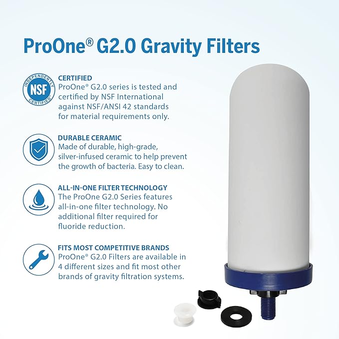 Pro One Gravity Water Filter System - NSF Certified, Removes Fluoride & Chlorine, Stainless-Steel Portable or Countertop Dispenser for Home, Camping & Travel (3 Gallon) with One 7” Filter