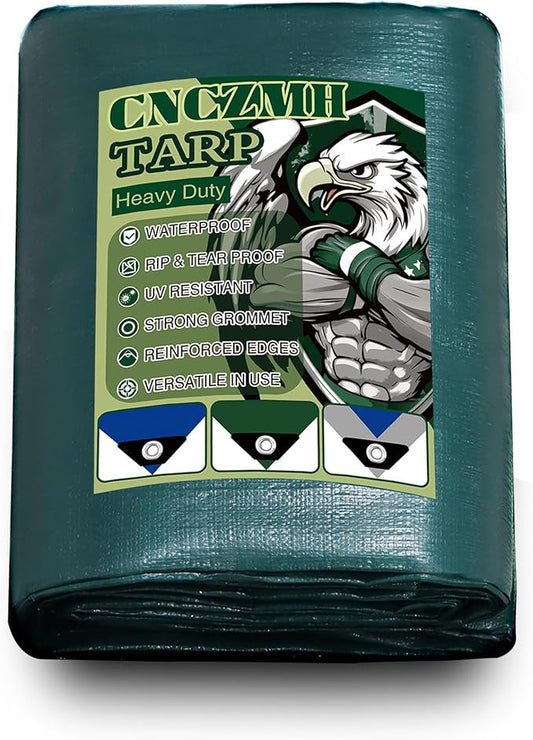Heavy Duty Tarp Waterproof 12x12 Feet, 10 Mil Thick Green Poly Tarps Outdoor, Metal Grommets, Reinforced Edges, Multipurpose Tarpaulin Protective Cover for Camping, Boat, Swimming Pools, Car