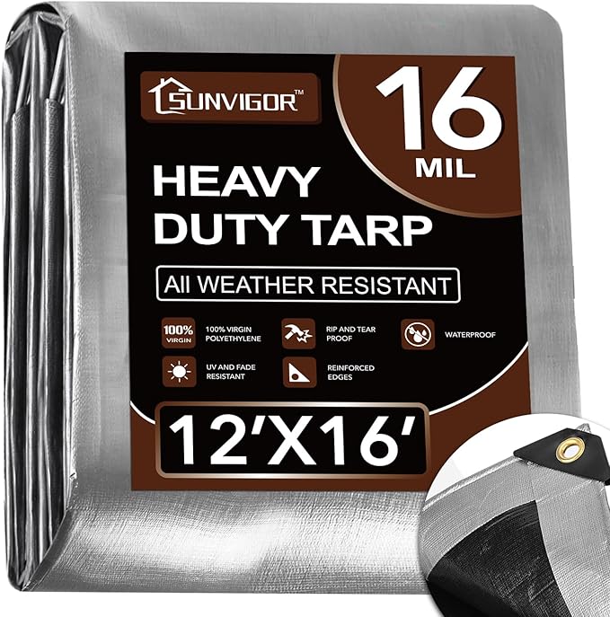 Tarp 12x16FT, Extra Thick 16Mil Heavy Duty Waterproof Tarps with Brass Grommets and Reinforced Edges, Tear & Fade Resistant, 100% UV Blocking Outdoor Tarp for Roof Camping Pool Boat (Silver/Black)