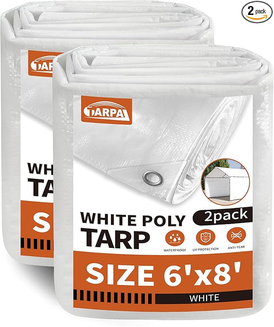 TARPAL Tarp 6'x 8' White Tarp Waterproof 7.5 mil(2-Pack) Medium Duty All Purpose Poly Tarps Cover Waterproof,Snow Proof UV Protection,Rip and Tear Proof,Poly Tarpaulin