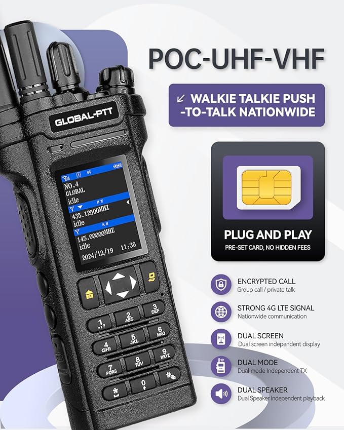 Pack of 2 Dual-Mode PoC + Analog Radios — Nationwide 4G LTE Push-to-Talk Unlimited Range & UHF VHF Two-Way Radios, Dual Screen Speaker | 136-174/400-490 MHz | Encrypted Calls (Black, 5288Plus)
