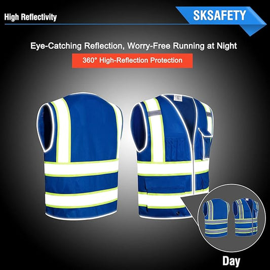 SKSAFETY 10 Pockets Safety Vest, Class 2 High Visibility Security with Zipper, Hi Vis Vest with Reflective Strips, ANSI/ISEA Standard, Construction Work Vest for Men ＆ Women （Blue, XL）