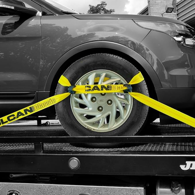 VULCAN 8-Point Roll Back Vehicle Tie Down Kit with Chain Tails on Both Ends - Set of 4 - Classic Yellow