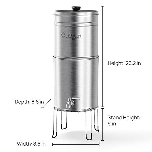 Culligan MaxClear 2.25 Gallon Gravity Water Filter System, Brushed Stainless-Steel Countertop Water Filter NSF/ANSI Certified to Reduce Microplastics, Lead & Total PFAS, with 4 Ceramic Filters