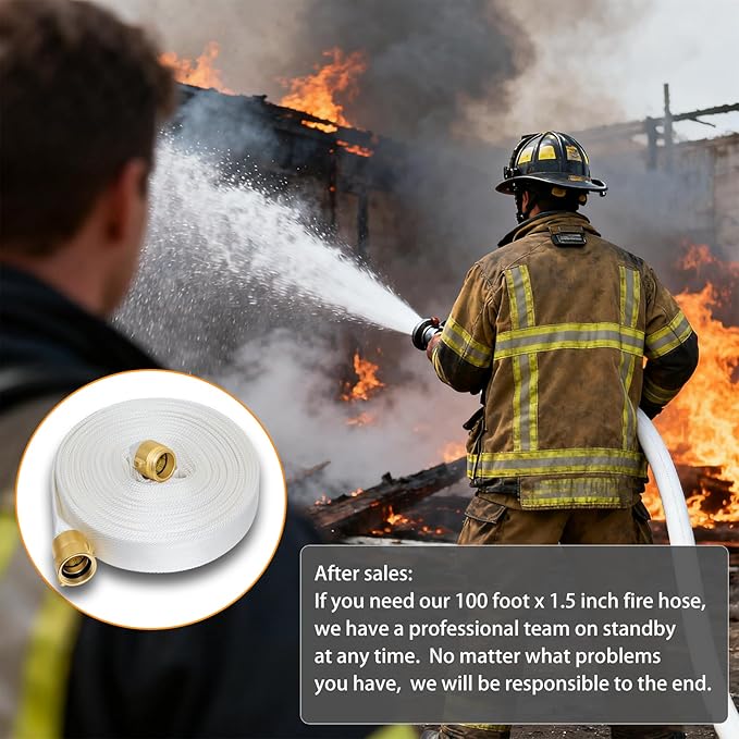 Upgraded Fire Hose 100 FT x 1-1/2" ID, M × F NST/NH Brass Couplings, Working Pressure 430 PSI, Burst Pressure 1300 PSI, Indoor Fire, Home, Garden Fire Hose Irrigation