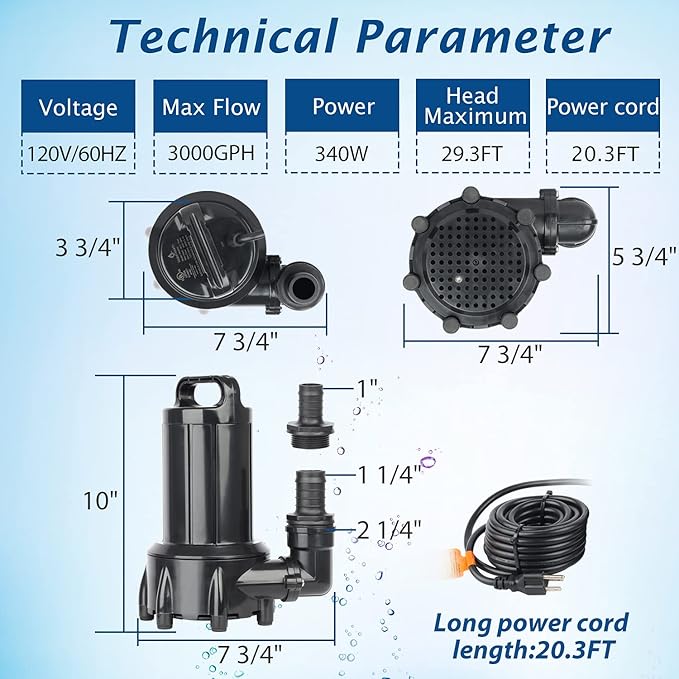 WaterRebirth (PB3000,3000GPH) High Flow Submersible Water Pump-Home/Inline Water Pump-Submersible Pump-Water Transfer Pump-Aquarium Pump