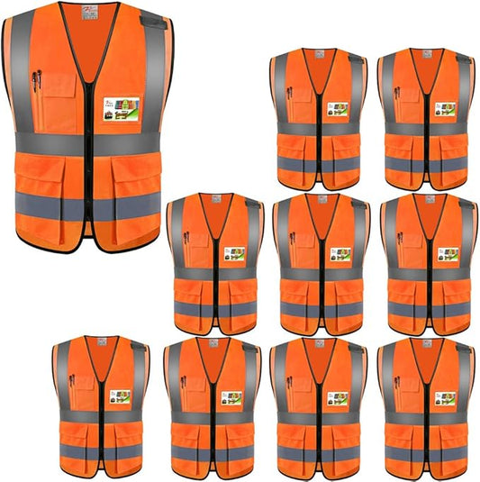 zojo High Visibility Safety Vests With Pockets, for Outdoor Works, Cycling, Jogging, Walking,Sports - Fits for Men and Women (Pack of 10, XL-Neon Orange)