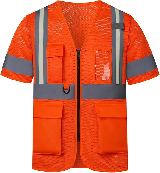 A-SAFETY Big and tall High vis Reflective Mesh safety Vest ANSI Class 3,with Pockets and Zipper