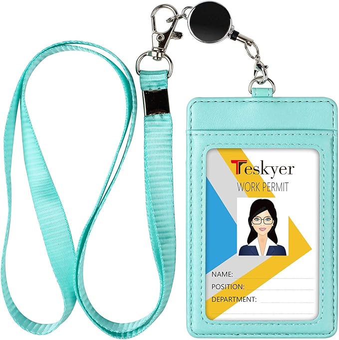 Teskyer Leather Badge Holder with Lanyard and Badge Reel, Retractable Lanyard ID Card Holder for Office School Name Work IDs, Green
